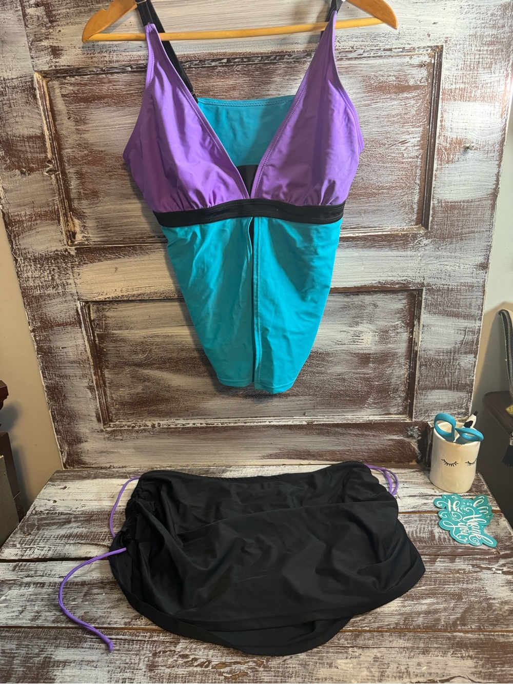 SALE 2/$10
Purple and Teal Two-Piece Swimsuit with Black Skirt